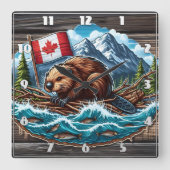 Biber auf Rafting mit Flagge im Fluss Quadratische Wanduhr (Vorderseite)
