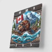 Biber auf Rafting mit Flagge im Fluss Quadratische Wanduhr (Winkel)