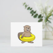 Biber beim Schwimmen mit Swimming-Ring Postkarte (Stehend Vorderseite)