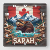 Biber, Berg, Flagge, Blauer Ozean Quadratische Wanduhr (Vorderseite)