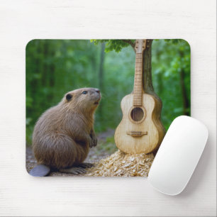 Biber bewundert seine Gitarre auf einem Baum Mousepad
