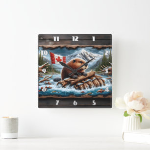 Biber Builds Lodge by Mountain Stream Quadratische Wanduhr