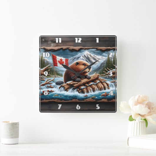 Biber Builds Lodge by Mountain Stream Quadratische Wanduhr (Zuhause)