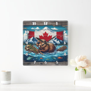 Biber Builds Lodge, Flag Behind Quadratische Wanduhr