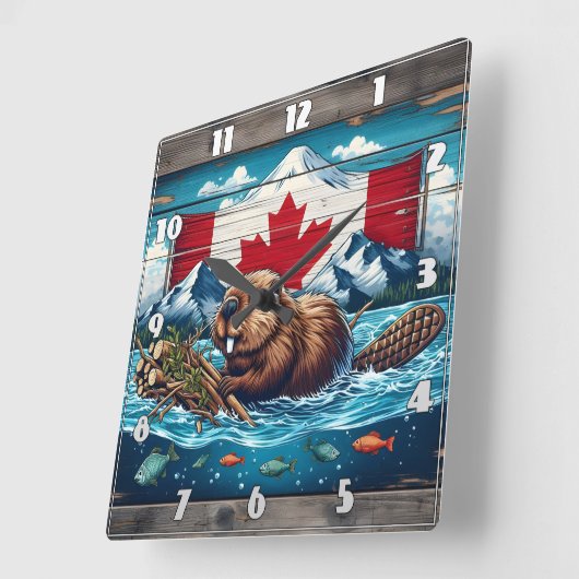 Biber Builds Lodge, Flag Behind Quadratische Wanduhr (Winkel)