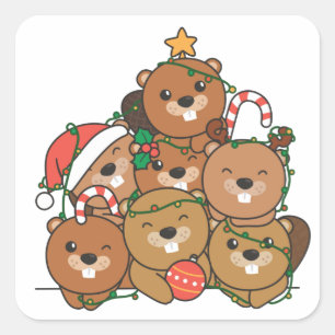 Biber Christmas Tree Funny Animal Christmas Squar Quadratischer Aufkleber