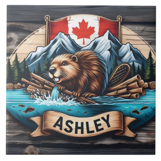 Biber durch Fluss mit Bergen dahinter Fliese (Vorderseite)