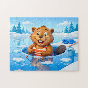 Biber Eisbad in einem gestreiften Badeanzug Puzzle