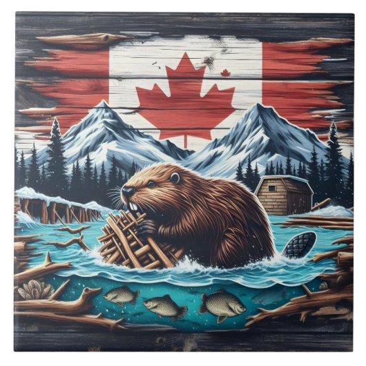 Biber-Gebäude-Damm in kanadischer Wildnislandschaf Fliese (Vorderseite)