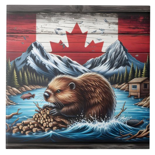 Biber-Gebäude-Damm mit kanadischer Flagge Hintergr Fliese (Vorderseite)