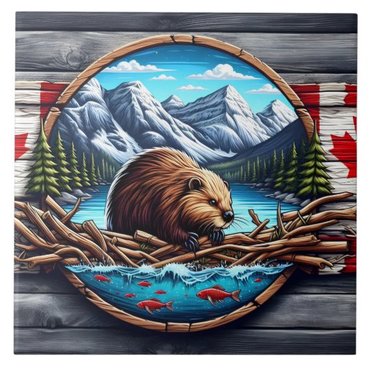 Biber Gebäude Lodge by Mountain Lake in Kanada Fliese (Vorderseite)