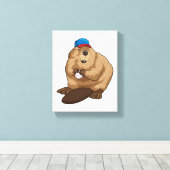 Biber im Baseball mit Baseballball Leinwanddruck (Insitu (Holzboden))