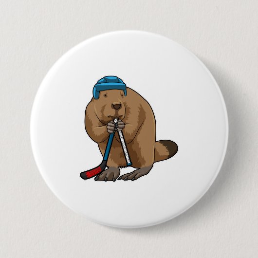 Biber im Eishockey mit Eishockeyschläger Button (Vorderseite)