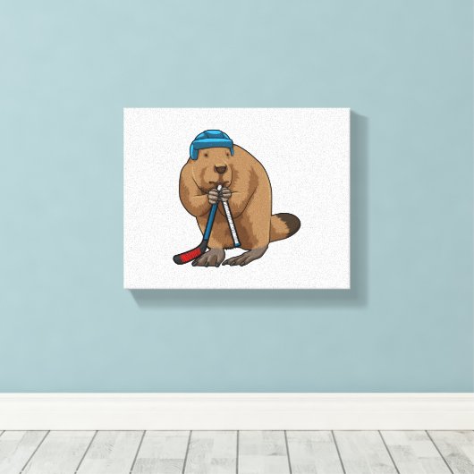 Biber im Eishockey mit Eishockeyschläger Leinwanddruck (Insitu (Holzboden))