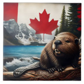 Biber in kanadischer Wildnis mit Flaggenhintergrun Fliese (Vorderseite)