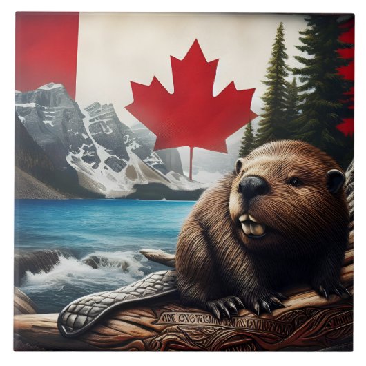 Biber in kanadischer Wildnis mit Flaggenhintergrun Fliese (Vorderseite)