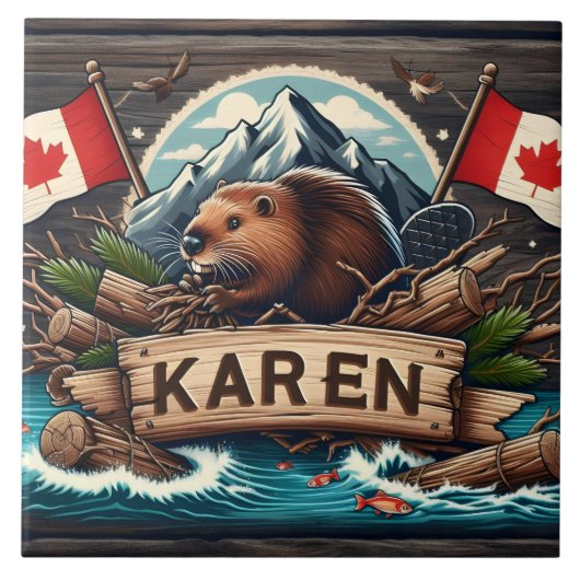 Biber, Logs, Flaggen und Berge Fliese (Vorderseite)