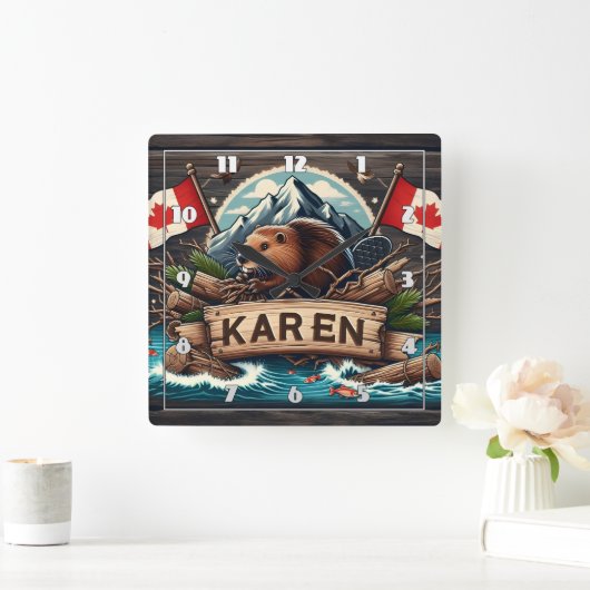 Biber, Logs, Flaggen und Berge Quadratische Wanduhr (Zuhause)