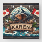 Biber, Logs, Flaggen und Berge Quadratische Wanduhr (Vorderseite)