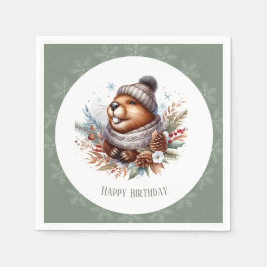 Biber mit Hut und Schal - Geburtstag Serviette (Vorderseite)