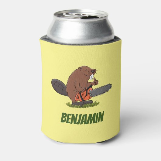 Biber mit Kettensäge, lustige Cartoon-Illustration Dosenkühler (Kanne Rückseite)