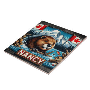 Biber mit Keule von kanadischen Fahnen Fliese