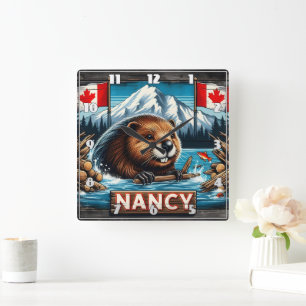 Biber mit Keule von kanadischen Fahnen Quadratische Wanduhr
