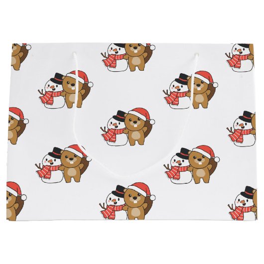 Biber mit Schneemann im Winter zu Weihnachten groß Große Geschenktüte (Vorderseite)
