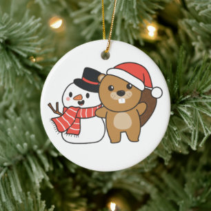 Biber mit Schneemann im Winter zu Weihnachten Kera Keramik Ornament