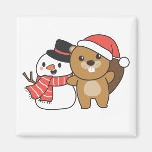 Biber mit Schneemann im Winter zu Weihnachten Magnet