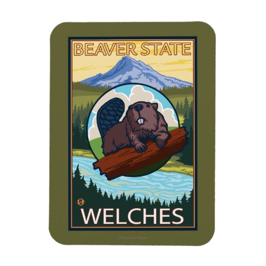 Biber & Mt. Hood - Welches, Oregon Magnet (Vertikal)