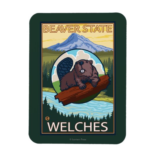 Biber & Mt. Hood - Welches, Oregon Magnet (Vertikal)