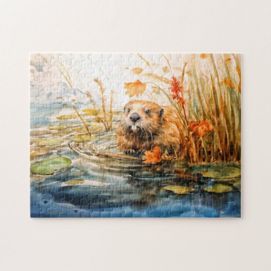 Biber sitzt am Teich zwischen Schilfrohr Puzzle (Horizontal)