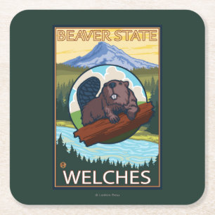 Biber u. Mt.-Haube - Welches, Oregon Rechteckiger Pappuntersetzer