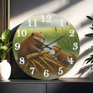 Biberfamilie im Feuchtgebiet-Hafen Große Wanduhr