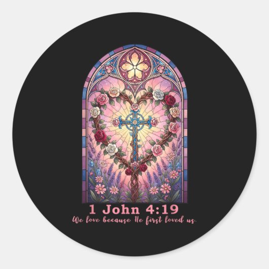 Bible Verse Stained Gl 1 John 4_19 Love Prayer Val Runder Aufkleber (Vorderseite)