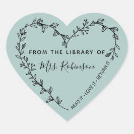 Bibliothek mit Blumentherzen Rustikale Aquamarin Herz-Aufkleber