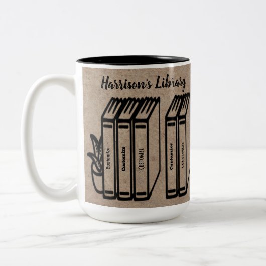 Bibliothek mit personalisierten Buchtiteln Zweifarbige Tasse (Links)