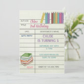 Bibliothekskarte, Bücher Mädchen Geburtstagseinlad Einladung (Stehend Vorderseite)