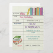 Bibliothekskarte, Bücher Mädchen Geburtstagseinlad Einladung (Vorne/Hinten)