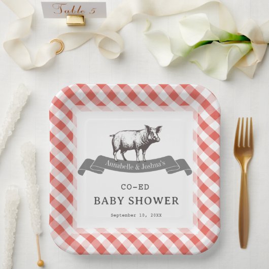 Bibs & Ribs BBQ Rustikales Rotkariertes Babyshower Pappteller (Hochzeit)