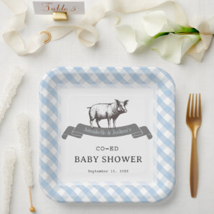 Bibs & Ribs GRILLEN Rustic Blue Gingham Baby Showe Pappteller