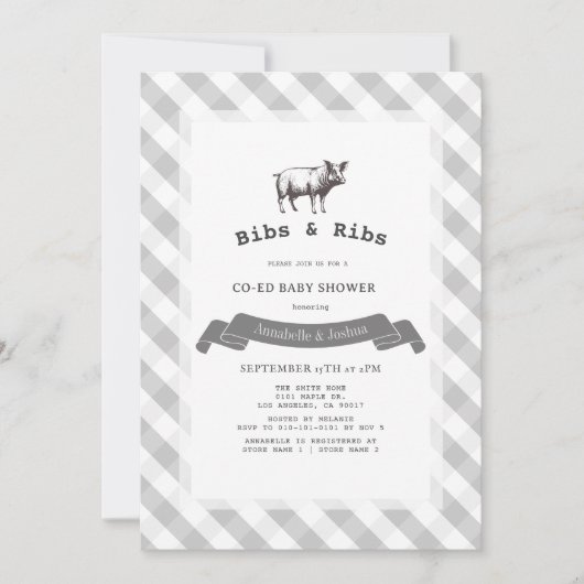 Bibs & Ribs Rustic Gray Gingham Co-Ed Baby Shower Einladung (Vorderseite)