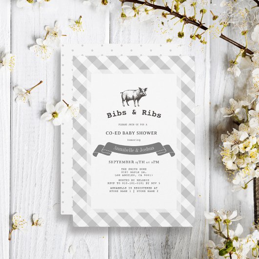 Bibs & Ribs Rustic Gray Gingham Co-Ed Baby Shower Einladung