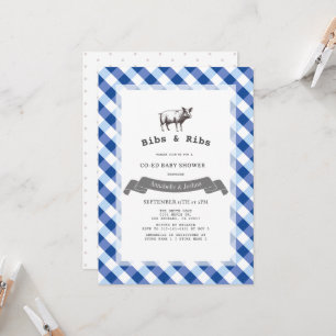 Bibs & Ribs Rustic Navy Gingham Co-Ed Babyparty Einladung