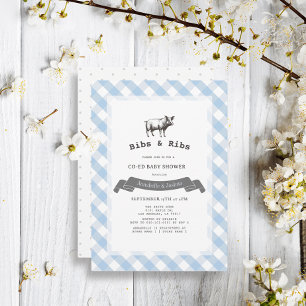 Bibs & Ribs Rustikale Blaue Gingham-Baby-Party für Einladung