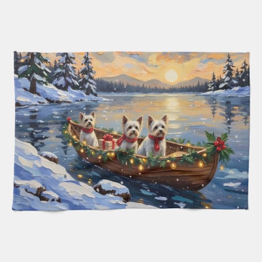 Bichon Frise Christmas Boat Holiday Geschirrtuch (Horizontal)