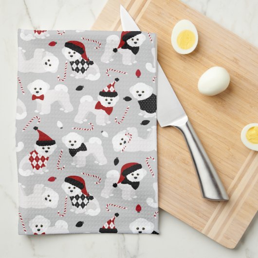 Bichon Frise Christmas Gray Geschirrtuch (Viertel Falte)