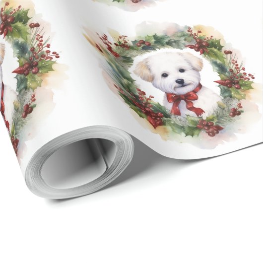 Bichon Frise Christmas Wreath Festivals Geschenkpapier (Rolleneckpunkt)