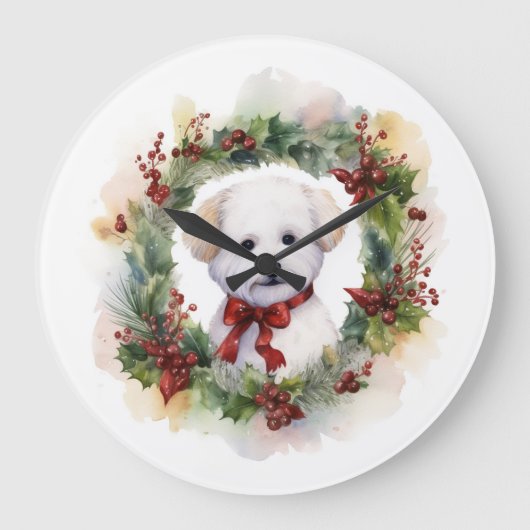Bichon Frise Christmas Wreath Festivals Große Wanduhr (Vorderseite)